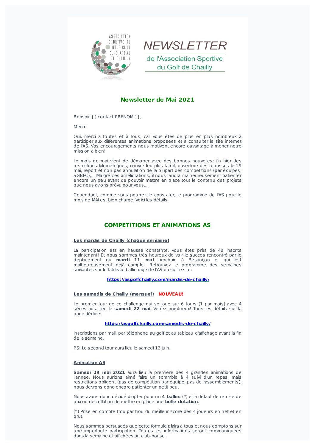 Newsletter du mois de mai 2021